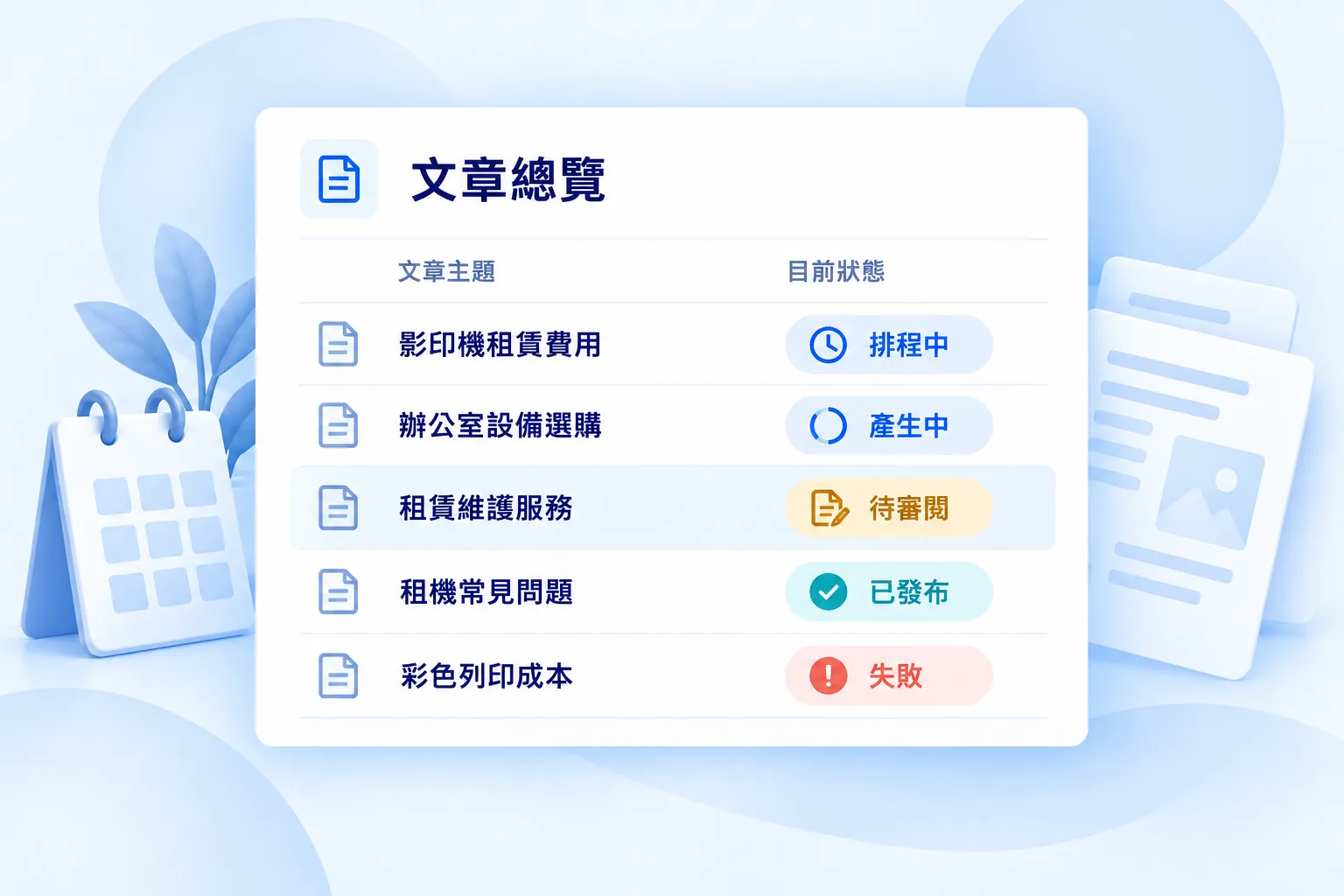 集中查看文章排程與產製進度