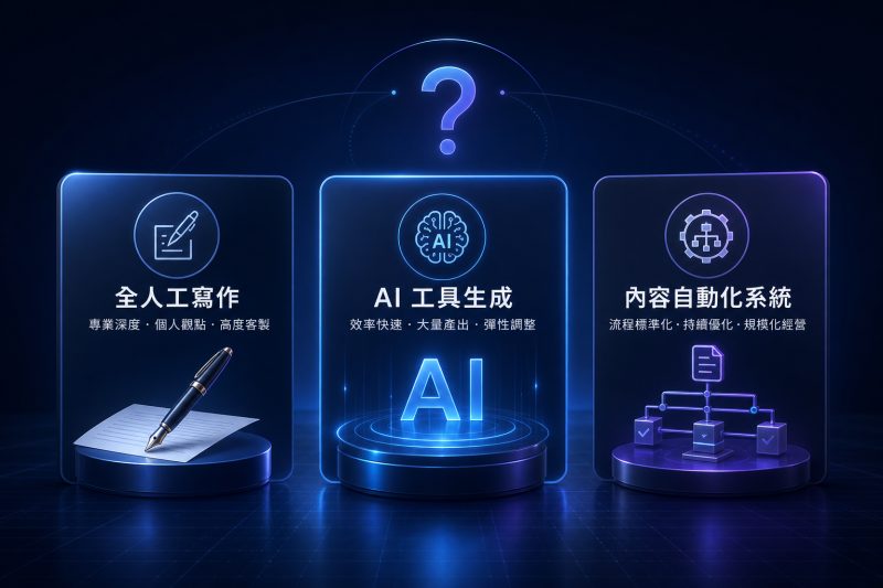全人工寫作、AI 工具生成、內容自動化系統怎麼選?|SEO 內容自動化 說明圖